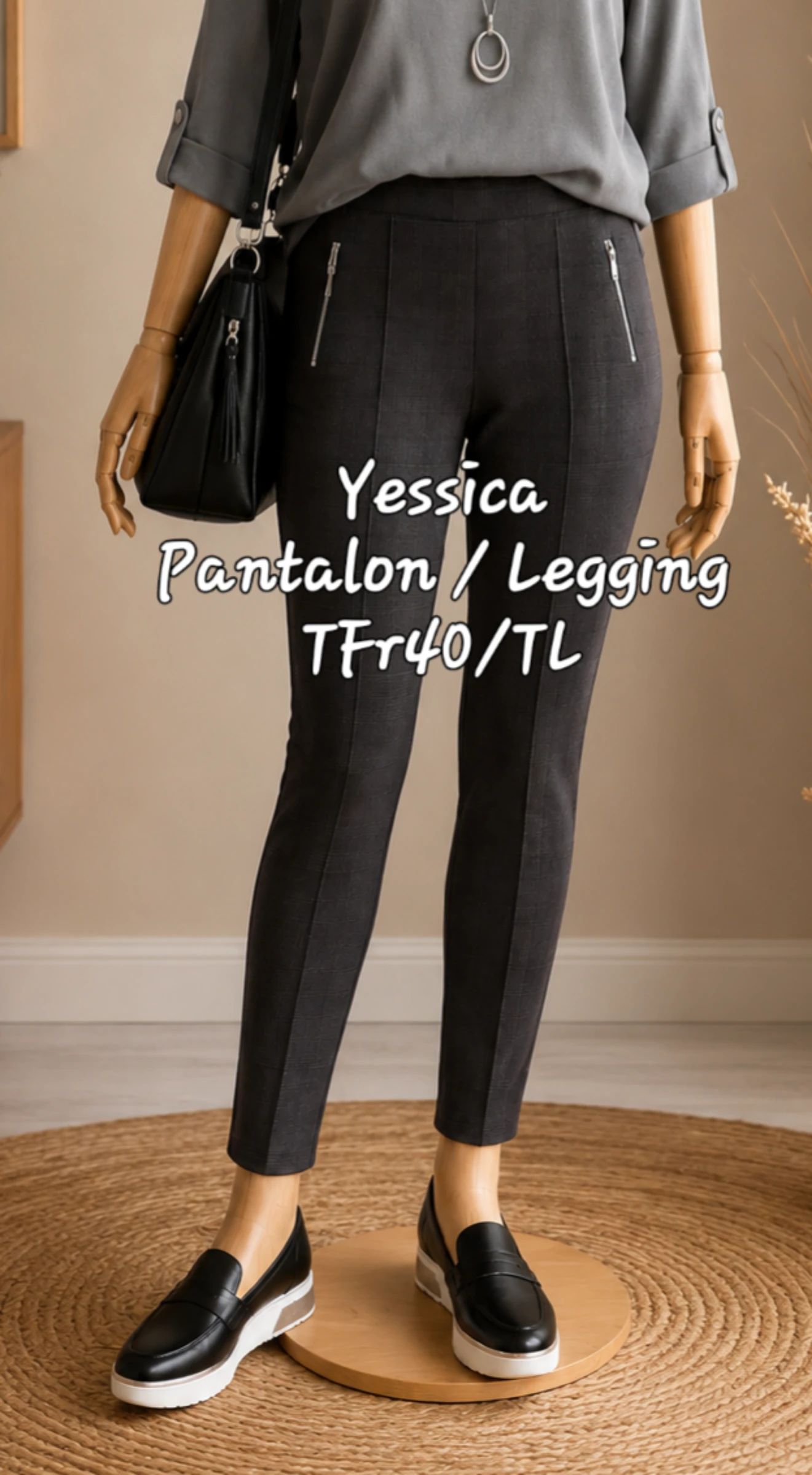 Yessica de C&A Pantalon / Legging TFr40/TL- Gris à Carreaux Ecossais -Taille Elastiquée Neuf